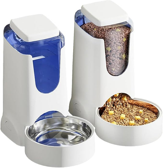 Hamiledyi Pets Automatic Gravity Feeder Dogs 2.8L Food & 4L Water Dispenser Set with Stainless Steel Bowl for Small Medium Big Puppy Kitten(White)