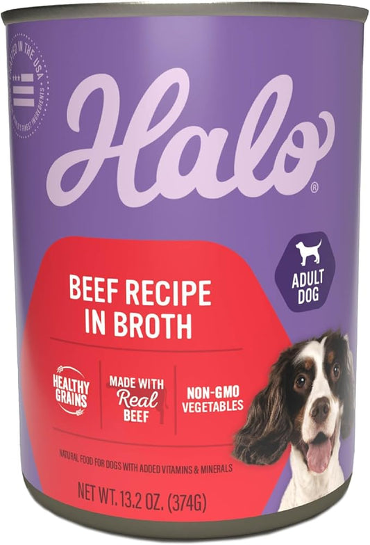 Halo Adult Wet Dog Food, Beef Recipe in Broth, Great as Nutritious Meals or Healthy Dog Food Toppers, 13.2 oz Dog Food Can (Pack of 6)