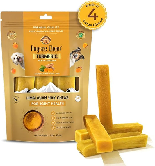 Dogsee Himalayan Yak Cheese Chews with Turmeric 1lb (Large - 4 Chews) | Hip & Joint Health Support for Dogs | Fight Plaque & Tartar | Long Lasting Dental Dog Chews
