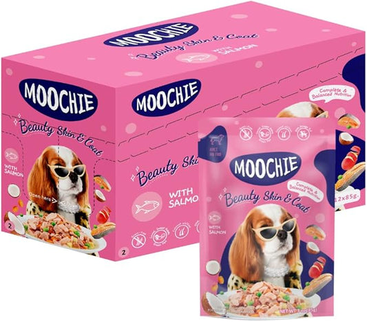 MOOCHIE Grain Free Wet Dog Food for Small Dogs - Skin and Coat - Made with Salmon, Chicken, Beef and Vegetables - No Added Preservatives or Artifical Flavoring - 12 x 3 oz Pouch