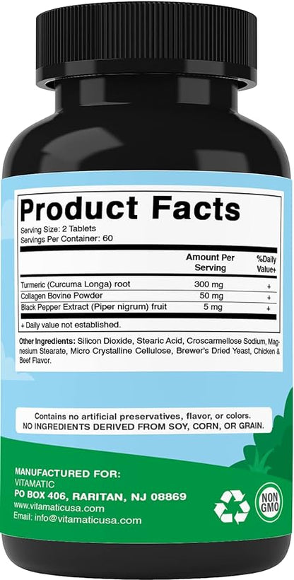 Vitamatic Turmeric for Dogs Anti Inflammatory Pain Relief - 120 Chewable Tablets - Hip & Joint Support Anti Inflammatory for Dogs with Curcumin, Collagen & Black Pepper