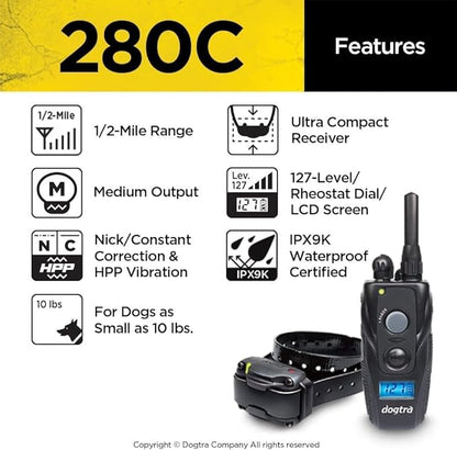 Dogtra 280C Waterproof 127-Level Precise Control LCD Screen 1/2-Mile Remote Training Dog E-Collar