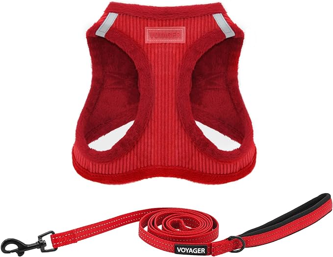 Voyager Step-in Plush Dog Harness – Soft Plush, Step in Vest Harness and Reflective Dog 5 ft Leash Combo with Neoprene Handle for Small and Medium Dogs by Best Pet Supplies -Set (Red Corduroy), XS