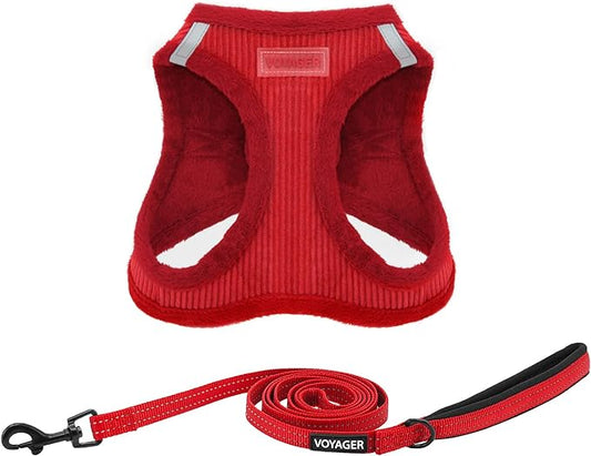 Voyager Step-in Plush Dog Harness – Soft Plush, Step in Vest Harness and Reflective Dog 5 ft Leash Combo with Neoprene Handle for Small and Medium Dogs by Best Pet Supplies -Set (Red Corduroy), XS