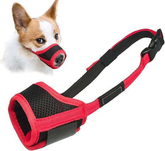 LUCKYPAW Dog Muzzle Anti Biting Barking and Chewing with Comfortable Mesh Soft Fabric and Adjustable Strap, Suitable for Small, Medium and Large Dogs(Red Trim,M)