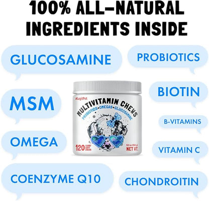 Dog Vitamins - 120 Multivitamins Chews w/Glucosamine Chondroitin, Probiotics Digestive Enzymes and Omegas - Supplement for Overall Health - Joint Support, Immune Health, Skin and Heart Health