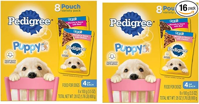 PEDIGREE PUPPY Soft Wet Dog Food 8-Count Variety Pack, 3.5 Oz - 8 Count (Pack of 2), Total 16 pouches.