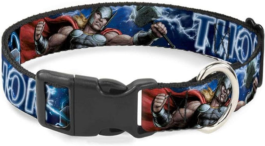 Marvel Comics Pet Collar, Dog Collar Plastic Buckle, Avengers Thor Hammer Action Pose Galaxy Blues White, 8.5 to 12 Inches 0.5 Inch Wide