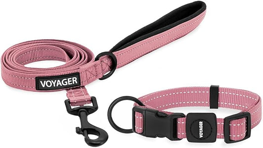 Voyager Reflective Dog Leash Collar Set with Neoprene Handle Supports Small, Medium, and Large Breed Puppies, Cute and Heavy Duty for Walking, Running, and Training - Pink, L