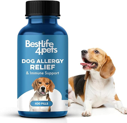 BestLife4Pets Dog Allergy Relief & Immune Support - Natural Holistic Remedy for Itchy Skin Conditions, Seasonal Allergies, Licking, Sneezing, Congestion and Scratching - 400 Odorless, Tasteless Pills