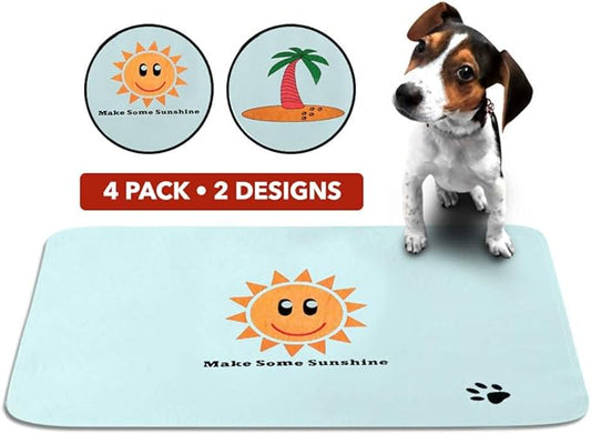 Cute Washable Puppy Pee Pads | 4 Pack Sun, Palm Tree Designs | Large Super Absorbent Wee Wee Potty Mats | Dog Housebreaking, Pet Crate Training | Multi-Purpose Reusable Eco-Friendly | Whelping