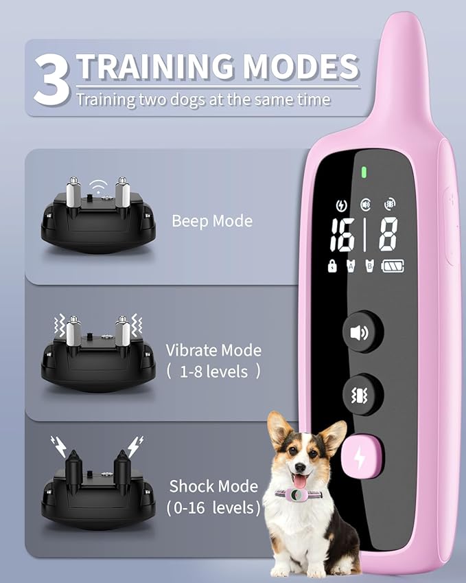 Dog Shock Collar for 2 Dogs, Dog Training Collar with Remote for Large Medium Small Dogs, Rechargeable E-Collar Waterproof Collars with 3 Training Modes, Range up to 3300Ft-Pink