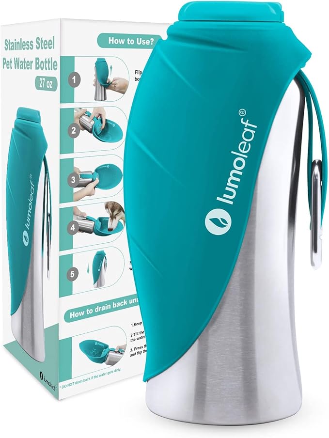 LumoLeaf Portable Dog Water Bottle 27 OZ, Stainless Steel Pet Travel Water Bottle Dispenser for Walking, Hiking and Outdoor, Portable Water Bowl for Large Dogs (Blue)