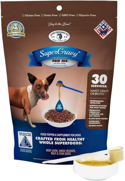 SuperGravy PAW jus - Natural Dog Food Gravy Topper - Hydration Broth Food Mix - Human Grade – Kibble Seasoning for Picky Eaters – Gluten Free & Grain Free, 30 Scoop, 01046
