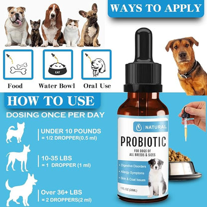 Probiotic for Dogs, Probiotic Drops for Dogs with Digestive Enzymes, Probiotics for Dogs Digestive Health, Diarrhea & Upset Stomach Relief + Gas, Constipation, and Allergy Relief.