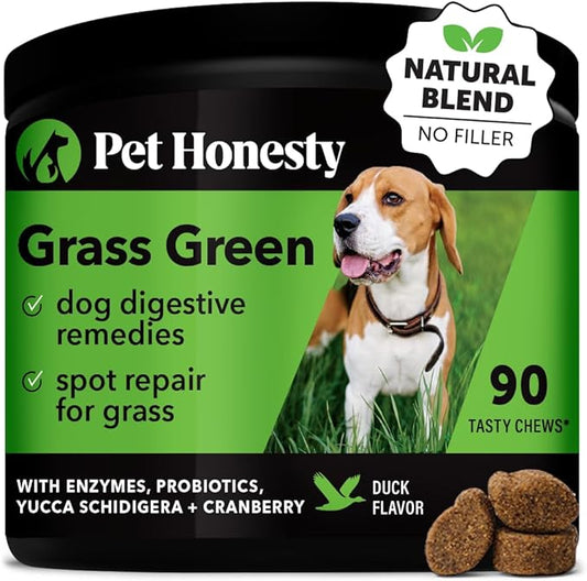 Pet Honesty Grass Green - Pee Grass Spot Saver Caused by Dog Urine, Gut Health Probiotics, Dog Urine Neutralizer for Lawn, Grass Burn Spot Chews, Cranberry, Apple Cider Vinegar, Dog Rocks (Duck 90 ct)