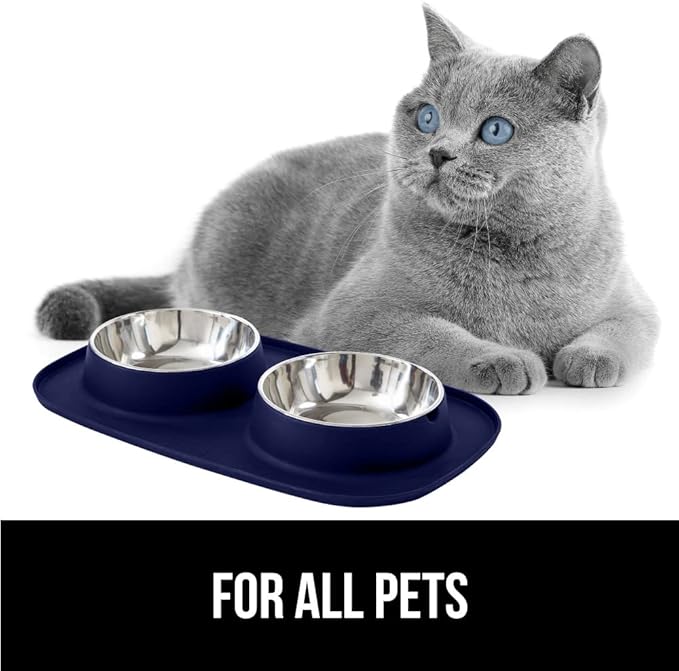 Gorilla Grip 100% Waterproof BPA Free Cat and Dog Bowls Silicone Feeding Mat Set, Stainless Steel Bowl Slip Resistant Raised Edges, Catch Water, Food Mess, No Spills, Pet Accessories, 1 Cup, Navy