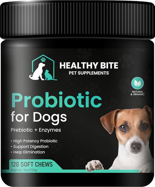 Healthy Bite Probiotic for Dogs - Dog probiotic for Diarrhea, Digestive and Immune Support for Dogs, Gut Health 6 Different Bacterias, Prebiotic Soft Chew Supplement for Dogs - Prebiotic -120 Count