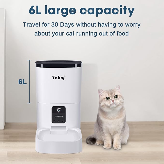 Yakry Automatic Dog Feeder with Camera - 6L/25 Cups Smart Cat Feeder with Timer 2-Way Audio HD 1080P Cam Night Vision - 2.4G WiFi Pet Food Dispenser with App Control
