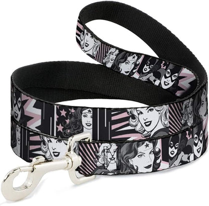 Buckle-Down Pet Leash - Batgirl/Wonder Woman/Supergirl Retro Panels Black/Pink/White - 4 Feet Long - 1" Wide