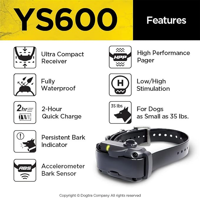 Dogtra YS600 Anti Bark Collar for Medium to Large Dogs, Adjustable 10 Intensity Levels, Vibration Warning, Low/High Stimulation, Waterproof, 2-Hour Quick Charge Rechargeable Battery, w/PetsTEK Clicker