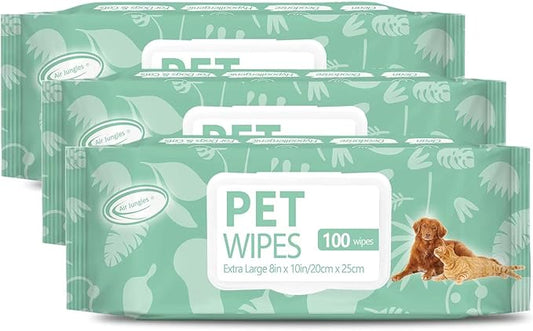 Air Jungles 3in1 Pet Wipes for Dogs and Cats 300 Count, 8" x 10" Extra Large Hypoallergenic Cleaning, Grooming, Deodorizing Wipes for Pets Paws Body Face Ear Butt