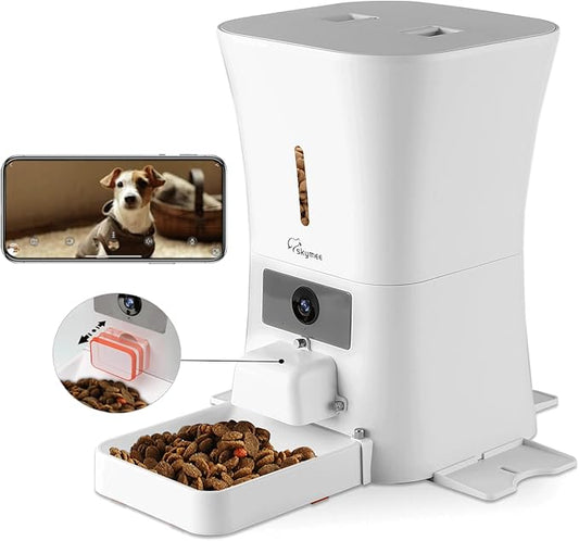 SKYMEE 8L WiFi Pet Feeder Automatic Dog Feeder Large Breed - 1080P Full HD Pet Camera Treat Dispenser, White