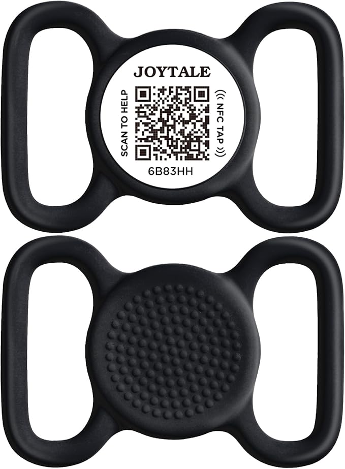 Joytale [ NO APP Required ] Silent Silicone QR Code Dog Tag, Slide On Dog Tags for 1.2-1.6Inch Wide Collars or Vest, NFC Pet Online Profile, Scan QR to Send Location Alert Email, Black, L