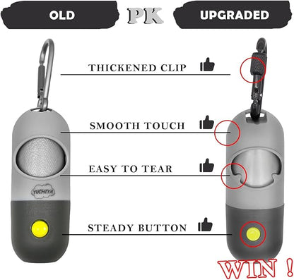 Dog Poop Bag Dispenser with Flashlight|Dog Poop Bag Holder with Leash Clip|Hands-Free Leash Poop Bag Holder with Straps and 1 Roll Dog Waste Bags (Gray)