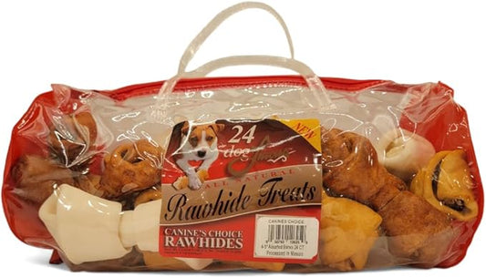 Flavored Rawhide Bones Assortment for Dogs, Long Lasting Dog Chews, Beef, Natural and Chicken Flavored Dog Chew Treats Knotted Bones 4”-5” (Pack of 24) (Item 12625)