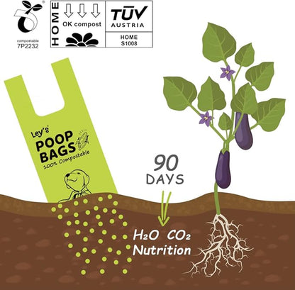 Ley's Compostable Dog Poop Bags, Plant-Based Biodegradable Doggie Waste Bags with Easy Tie Handles, Unscented, Vegetable-Based, Dog Bags Refill Rolls with Dispenser and Leash Clip