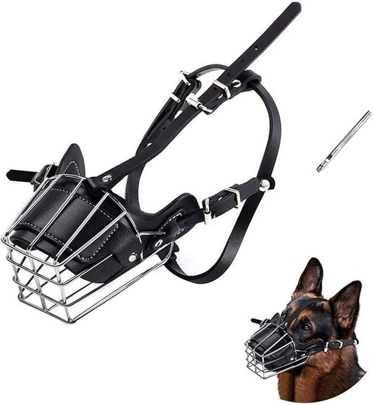 Dog Muzzle, Dog Metal Face Basket, Dog Mouth Breathable Adjustable Leather Leash Suitable for Large Medium-Sized Dogs (M)
