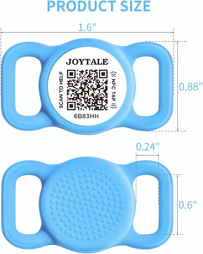 Joytale [ NO APP Required ] Silent Silicone QR Code Dog Tag, Slide On Dog Tags for 3/8-5/8 Inch Collars or Vest, NFC Pet Online Profile, Scan QR to Send Location Alert Email, Sky Blue, S