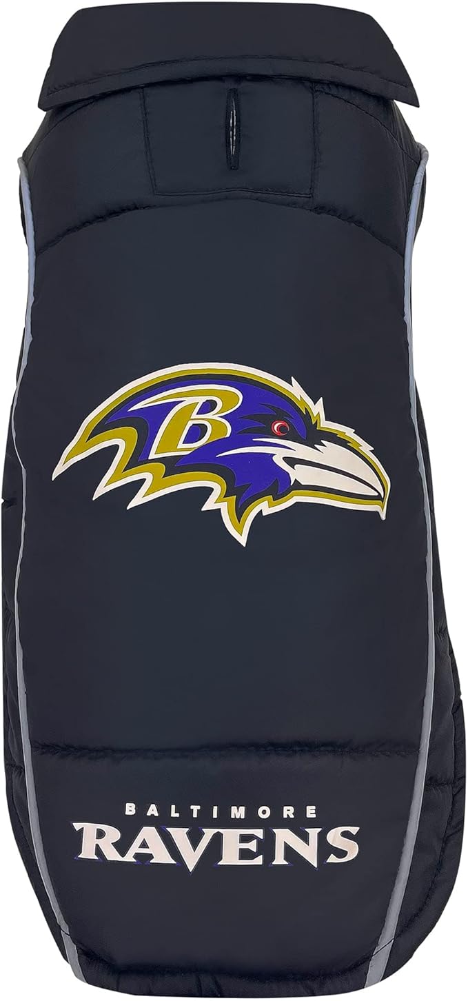 NFL Baltimore Ravens Puffer Vest for Dogs & Cats, Size Large. Warm, Cozy, and Waterproof Dog Coat, for Small and Large Dogs/Cats. Best NFL Licensed PET Warming Sports Jacket