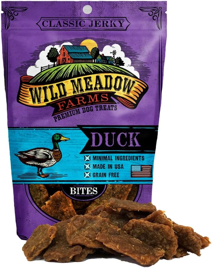 Wild Meadow Farms - Classic Duck Bites, Soft Jerky Treats for Dogs, Grain-Free & All-Natural, Ideal for Training, Portioning, and High-Value Rewards for All Breeds & Ages - 3.5 Ounce Pouch