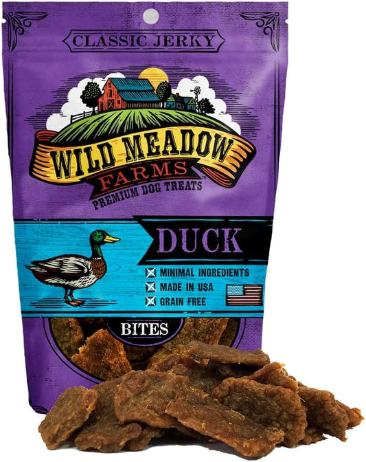 Wild Meadow Farms - Classic Duck Bites, Soft Jerky Treats for Dogs, Grain-Free & All-Natural, Ideal for Training, Portioning, and High-Value Rewards for All Breeds & Ages - 3.5 Ounce Pouch