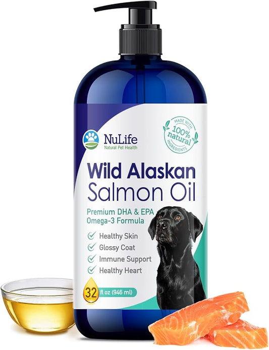 100% Pure Wild Alaskan Salmon Oil for Dogs, Omega 3 Dog Fish Oil Liquid, Skin and Coat Supplement for Shedding, Dry Itchy Skin and Allergies, All Natural EPA + DHA Fatty Acids, 32 oz Pump Bottle
