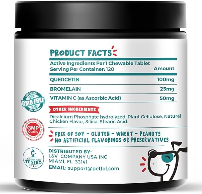 Quercetin for Dogs with Bromelain and Vitamin C | 3-in-1 Supplement for Dog Allergies, Immune Support, Itch Relief, Promote Inflammatory Relief & Antioxidant Activity | 120 Chewable Tablets