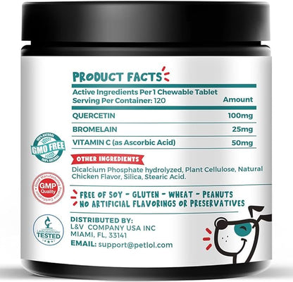 Quercetin for Dogs with Bromelain and Vitamin C | 3-in-1 Supplement for Dog Allergies, Immune Support, Itch Relief, Promote Inflammatory Relief & Antioxidant Activity | 120 Chewable Tablets