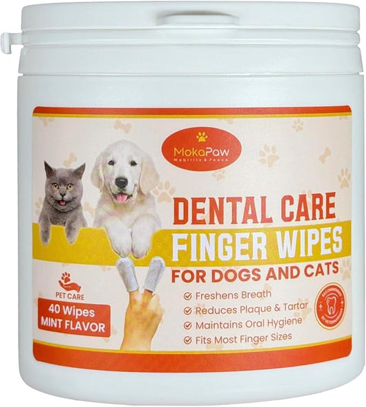 Dental Care Finger Wipes - Dog Tooth Brushing Kit Dental Wipes - Dog Teeth Cleaning Finger Wipes - Reduces Plaque & Freshens Breath for Dogs and Cats - 40 Count