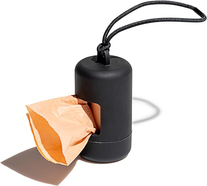Wild One Dog Poop Bag Holder and Dispenser with Leash Attachment, Leak Proof, Easy Twist Top for Refills, Includes 1 Roll Poop Bags, Black