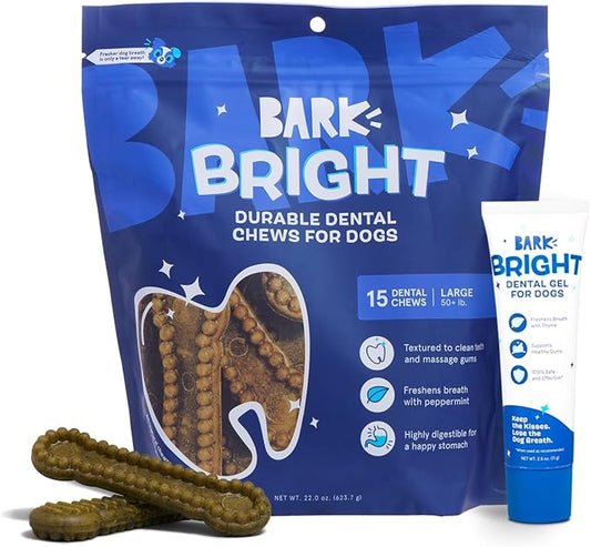 Bark Bright Durable Dental Chews Kit - Dog Tooth Brushing Treatment with Teeth Cleaning Chew Sticks & Toothpaste - Plaque & Tartar Remover for Cleaner Teeth & Fresh Breath - Large Breeds - 15 Chews