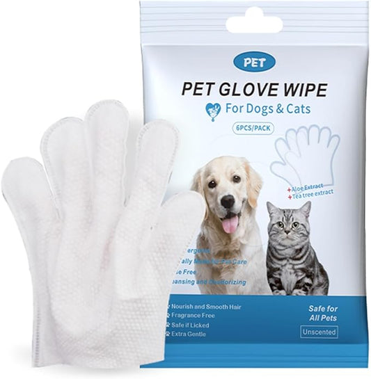 Pet Grooming Wipes and Gloves Set, 6 Count, for Fur, Face, Ears and Paws, No Rinse Cleaning