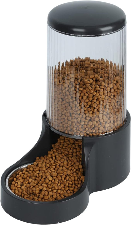 Automatic Cat Feeder, 3.8L Large Automatic Cat Feeders Gravity Cat Food Dispenser with Detachable Top Lid, Visible Bottle and Stainless Steel Bowl for Cat, Dog and Pet (Black)