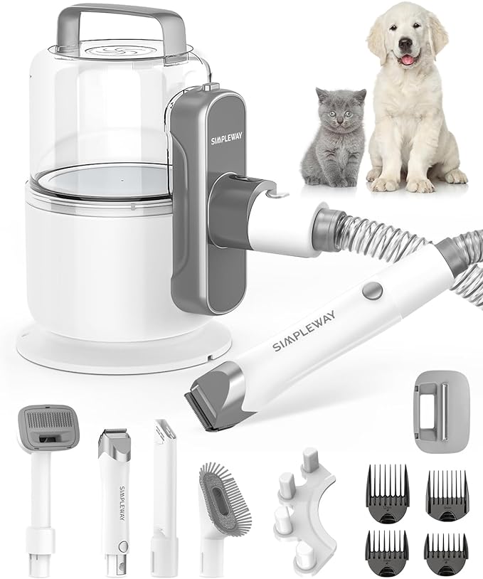 Pet Grooming Vacuum, 6 in 1 Dog Grooming Kit with 3 Suction Mode and Large Capacity Dust Cup, Dog Vacuum for Shedding Grooming and Pet Vacuum for Dog Hair at Home (Silver White)