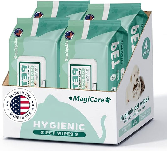 MAGICARE Grooming Wipes for Dogs & Cats - 400 Dog Wipes for Cleaning Paws, Ears and Butt - Unscented Deodorizing Pet Wipes for Dogs with Sensitive Skin - Proudly Made in USA