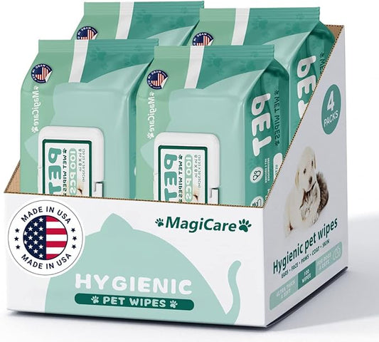 MAGICARE Grooming Wipes for Dogs & Cats - 400 Dog Wipes for Cleaning Paws, Ears and Butt - Unscented Deodorizing Pet Wipes for Dogs with Sensitive Skin - Proudly Made in USA