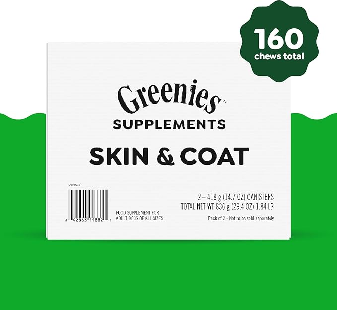 Greenies Skin & Coat Supplement for Dogs, Soft Chews with Fish Oil for Dogs, Omega-3s, Linoleic Acid, and Zinc, Chicken Flavor, 80-Count Tub, 2 Pack