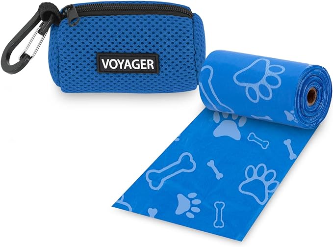Best Pet Supplies Dog Poop Bag Holder Leash Attachment with 15 Bags, Royal Blue, Reusable Mesh Dispenser Pouch for Travel, Walking, Park, and Outdoor Use, Soft and Durable with Clip-On