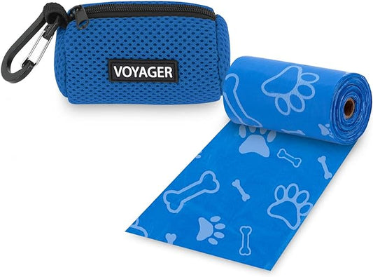 Best Pet Supplies Dog Poop Bag Holder Leash Attachment with 15 Bags, Royal Blue, Reusable Mesh Dispenser Pouch for Travel, Walking, Park, and Outdoor Use, Soft and Durable with Clip-On